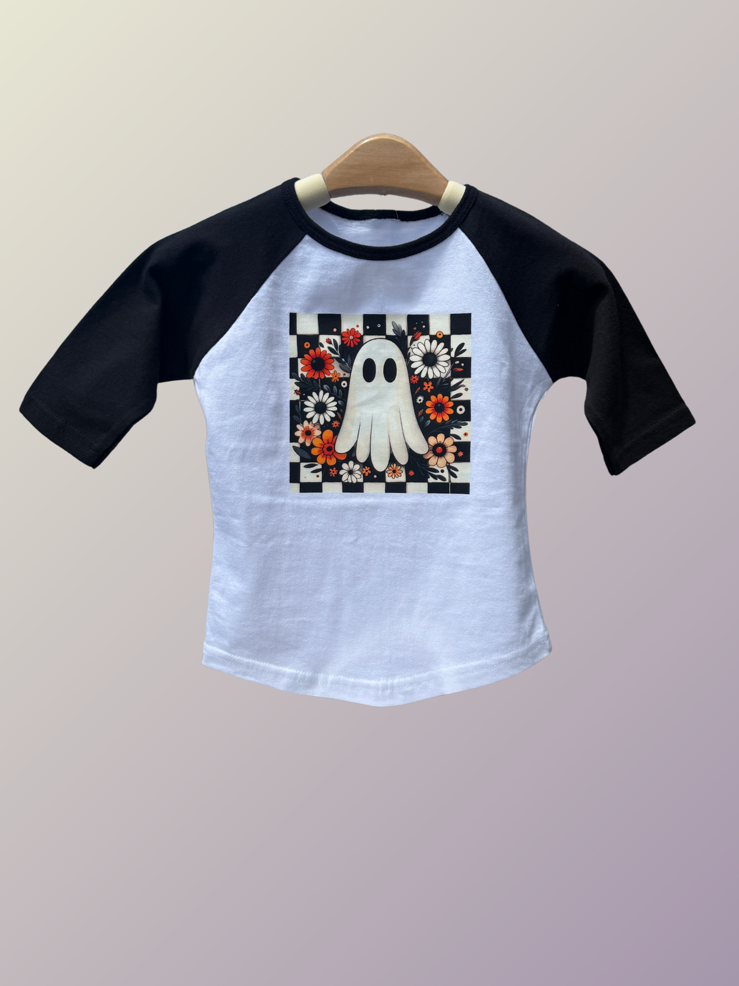 👻 Checkerboard Floral Ghost Kids Raglan Tee 🖤🧡