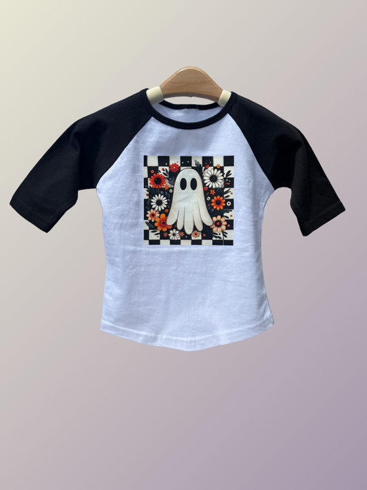 👻 Checkerboard Floral Ghost Kids Raglan Tee 🖤🧡